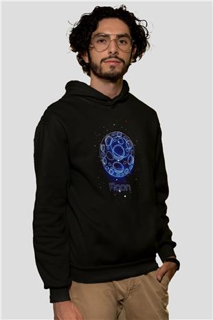 Ay Çizim Baskılı Unisex Siyah Hoodie
