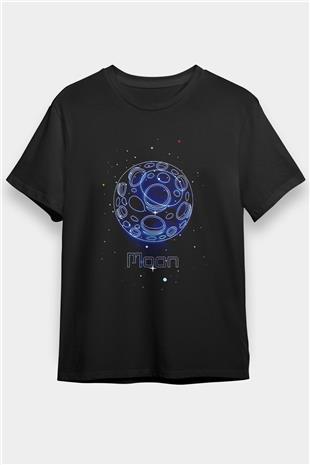 Ay Çizim Baskılı Unisex Siyah Tişört - Tshirt