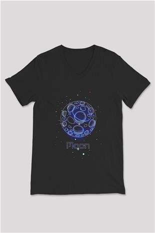 Ay Çizim Baskılı Unisex V Yaka Siyah Tİşört - Tshirt