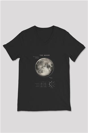 Ay Fiziksel Özellikleri Baskılı Unisex V Yaka Siyah Tİşört - Tshirt