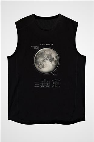 Ay Fiziksel Özellikleri Baskılı Unisex Kolsuz Siyah Tişört - Tshirt