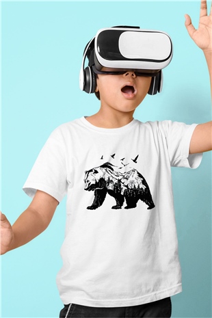 Ayı Baskılı Beyaz Unisex Çocuk Tişört