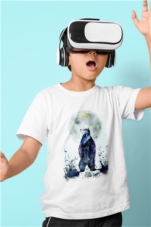 Ayı Baskılı Beyaz Unisex Çocuk Tişört