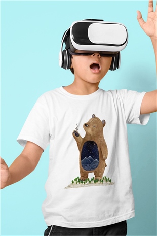Ayı Baskılı Beyaz Unisex Çocuk Tişört