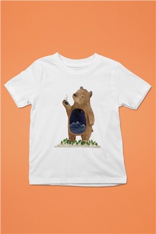 Ayı Baskılı Beyaz Unisex Çocuk Tişört