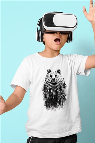 Ayı Baskılı Beyaz Unisex Çocuk Tişört