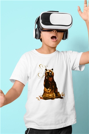 Ayı Baskılı Beyaz Unisex Çocuk Tişört