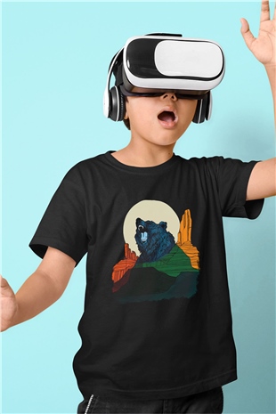 Ayı Baskılı Siyah Unisex Çocuk Tişört