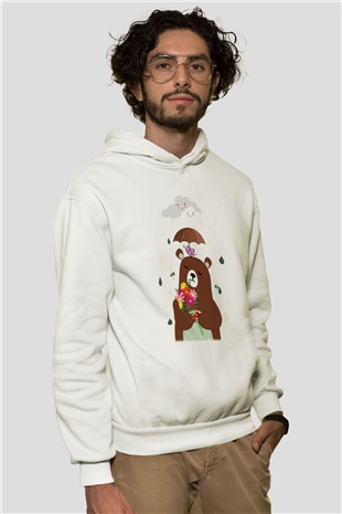 Ayı Beyaz Unisex Kapşonlu Sweatshirt
