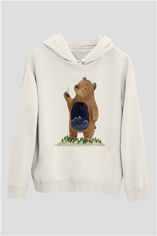 Ayı Beyaz Unisex Kapşonlu Sweatshirt