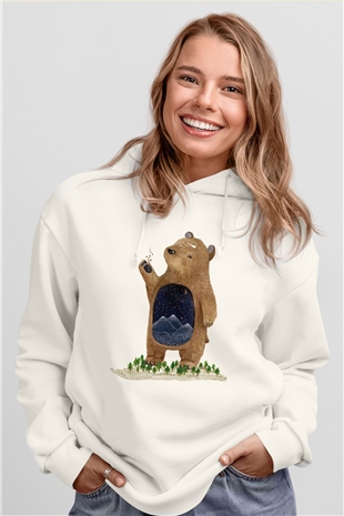 Ayı Beyaz Unisex Kapşonlu Sweatshirt