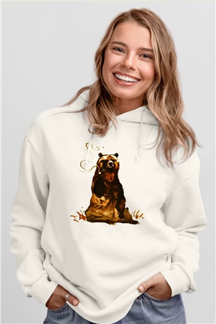 Ayı Beyaz Unisex Kapşonlu Sweatshirt