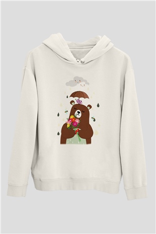 Ayı Beyaz Unisex Kapşonlu Sweatshirt