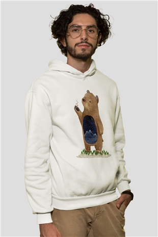 Ayı Beyaz Unisex Kapşonlu Sweatshirt