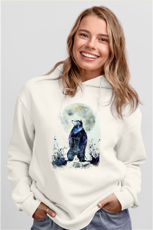 Ayı Beyaz Unisex Kapşonlu Sweatshirt