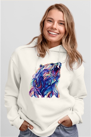 Ayı Beyaz Unisex Kapşonlu Sweatshirt