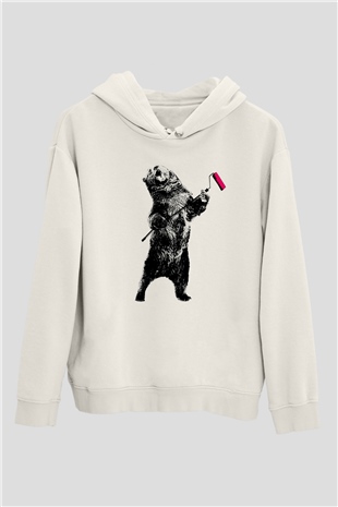 Ayı Beyaz Unisex Kapşonlu Sweatshirt