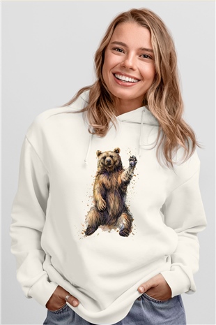 Ayı Beyaz Unisex Kapüşonlu Sweatshirt