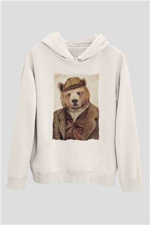 Ayı Beyaz Unisex Kapüşonlu Sweatshirt