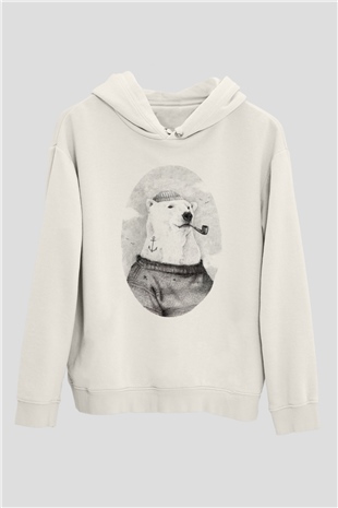 Ayı Beyaz Unisex Kapüşonlu Sweatshirt