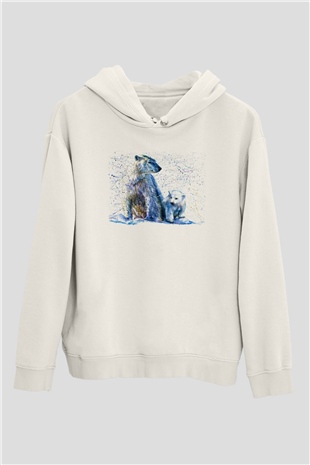 Ayı Beyaz Unisex Kapüşonlu Sweatshirt