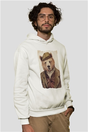 Ayı Beyaz Unisex Kapüşonlu Sweatshirt