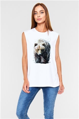 Ayı Beyaz Unisex Kolsuz Tişört