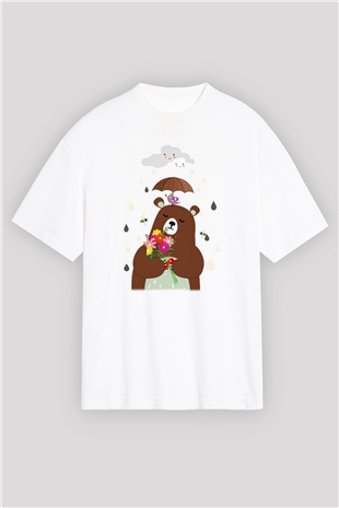 Ayı Beyaz Unisex Oversize Tişört T-Shirt