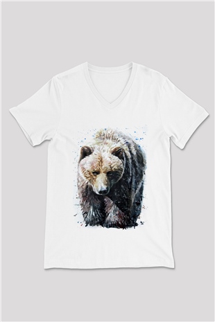 Ayı Beyaz Unisex V Yaka Tişört