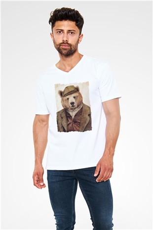 Ayı Beyaz Unisex V Yaka Tişört