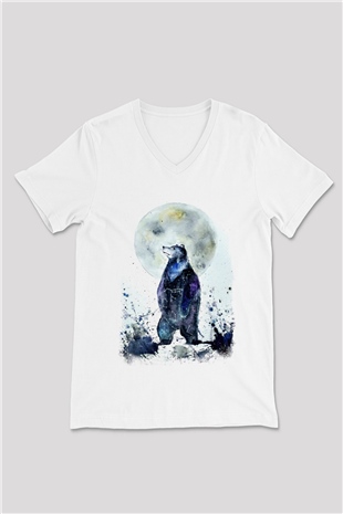 Ayı Beyaz Unisex V Yaka Tişört T-Shirt