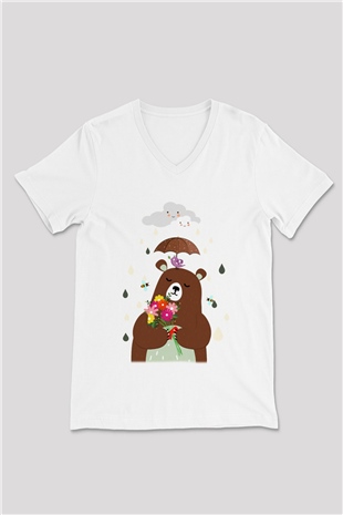 Ayı Beyaz Unisex V Yaka Tişört T-Shirt