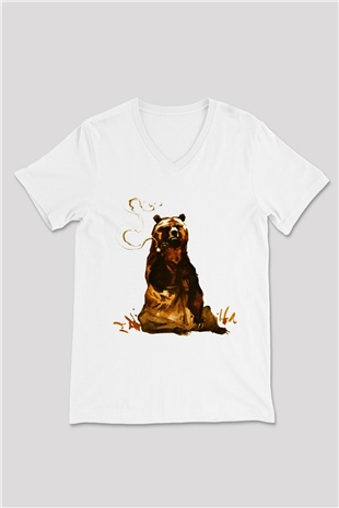 Ayı Beyaz Unisex V Yaka Tişört T-Shirt