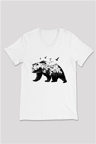 Ayı Beyaz Unisex V Yaka Tişört T-Shirt