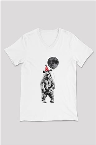 Ayı Beyaz Unisex V Yaka Tişört T-Shirt
