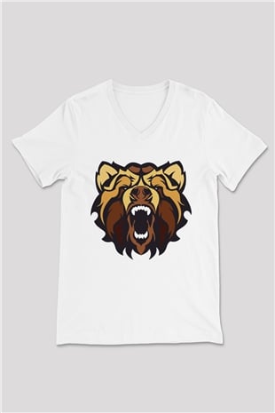Ayı Beyaz Unisex V Yaka Tişört T-Shirt