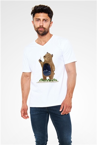 Ayı Beyaz Unisex V Yaka Tişört T-Shirt