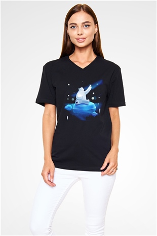 Ayı Siyah Unisex V Yaka Tişört T-Shirt
