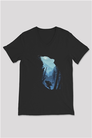 Ayı Siyah Unisex V Yaka Tişört T-Shirt