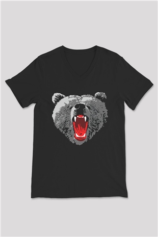 Ayı Siyah Unisex V Yaka Tişört T-Shirt