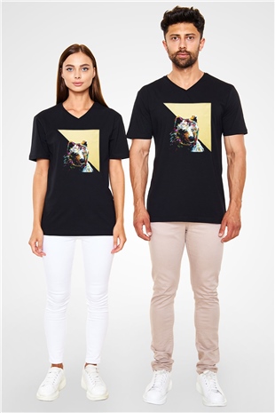 Ayı Siyah Unisex V Yaka Tişört T-Shirt