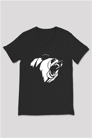 Ayı Siyah Unisex V Yaka Tişört T-Shirt