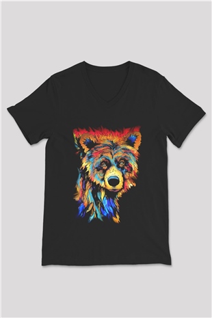 Ayı Siyah Unisex V Yaka Tişört T-Shirt