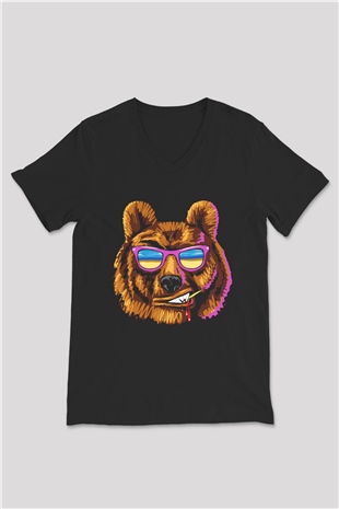 Ayı Siyah Unisex V Yaka Tişört T-Shirt