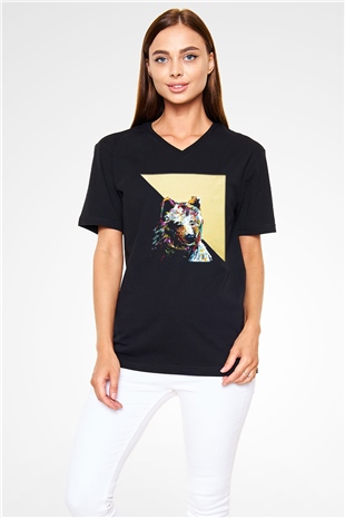 Ayı Siyah Unisex V Yaka Tişört T-Shirt