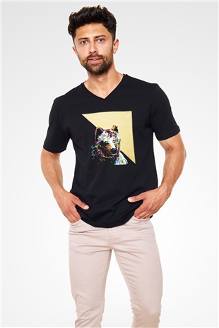 Ayı Siyah Unisex V Yaka Tişört T-Shirt
