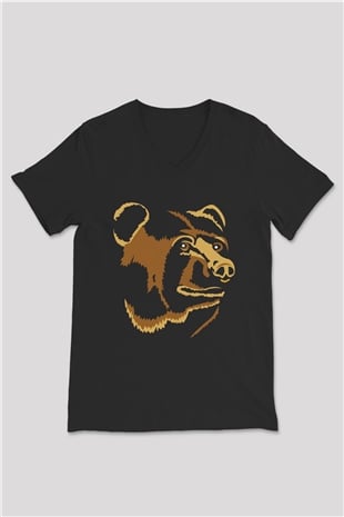 Ayı Siyah Unisex V Yaka Tişört T-Shirt