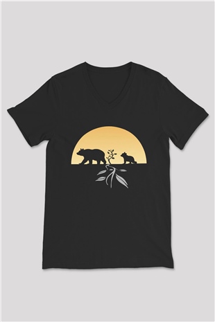 Ayı Siyah Unisex V Yaka Tişört T-Shirt