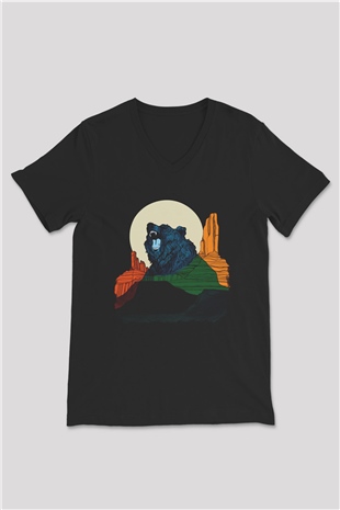Ayı Siyah Unisex V Yaka Tişört T-Shirt