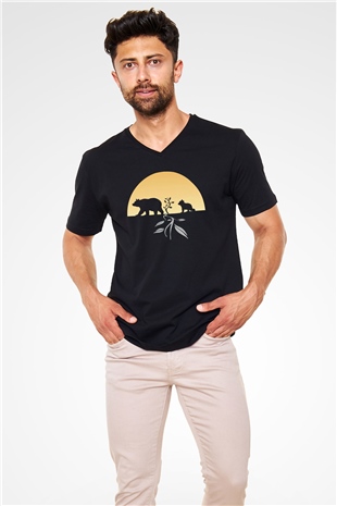 Ayı Siyah Unisex V Yaka Tişört T-Shirt